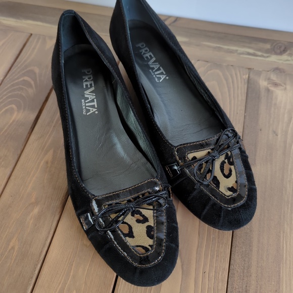 Prevata Black Leather/Suede Leopard Print Wedge Shoes - Picture 7 of 13